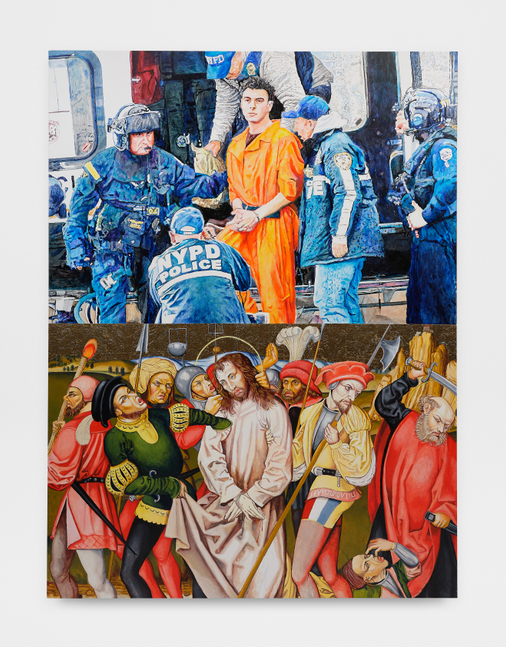 A painting by Christine Tien Wang of Luigi Mangione in an orange jumpsuit surrounded by NYPD police on the top half and Jesus surrounded by knights in the bottom half.