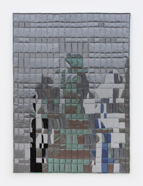 A stretched textile work by Anne Libby of silver, green and burgundy shapes sewn into a grid.