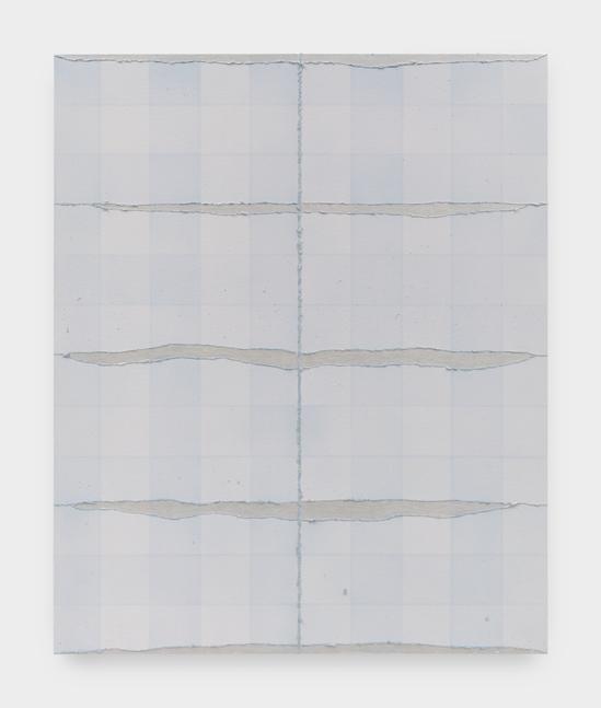 A painting by Claire Colette with a pale grid of blue and grey backgrounding raised intersections that appear as tears in the picture plane.