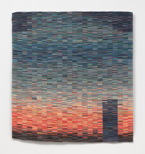 An artwork by Nadia Myre of ceramic tubular beads strung together into a cohesive rectangular with dark blue beads at the top and lighter orange, yellow and blue beads below.