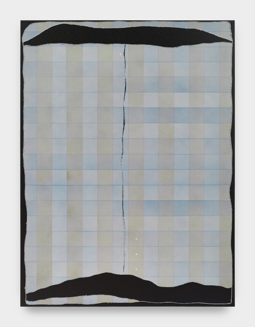 A painting by Claire Colette with a pale grid of blue and grey backgrounding with sections of deep black pigment that appear as tears in the picture plane.