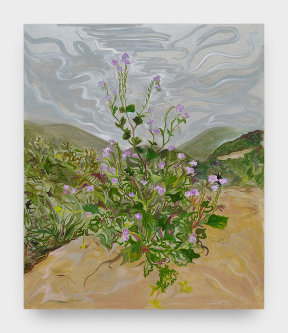 A painting by Mira Dancy of a shrub on a hill with purple flowers blooming under a silver sky.