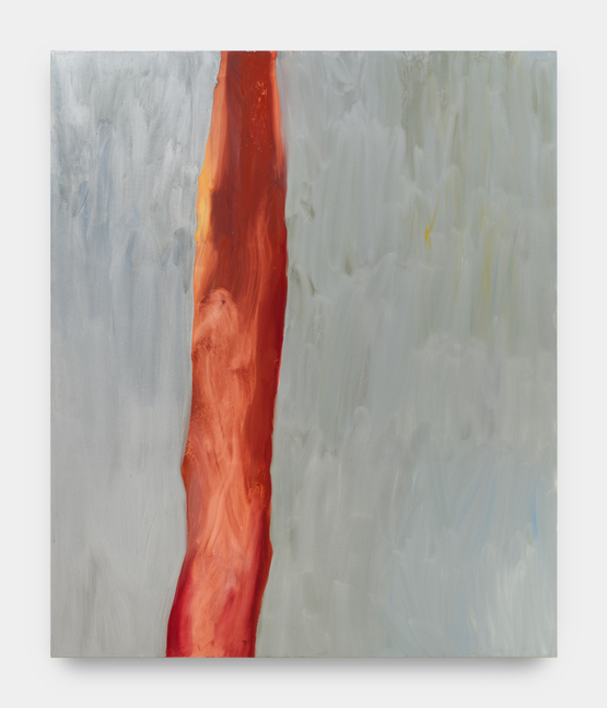 A painting by Jane Swavely of a rusty red vertical stripe against silver pigment.