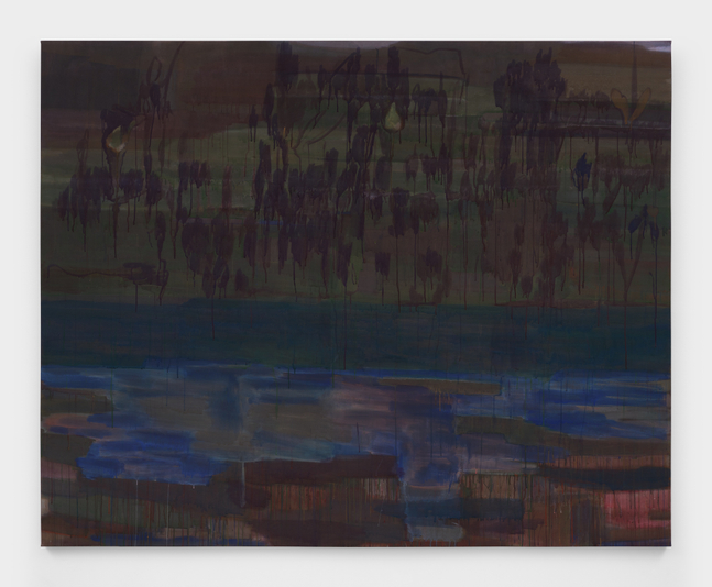 A painting by Catherine Fairbanks in layers of blue, green, red and brown washes of pigment.