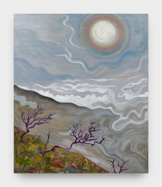 A painting by Mira Dancy of the sun glowing through a foggy sky with barren trees and shrubs below.