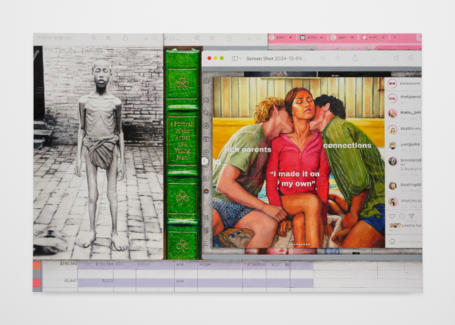A painting by Christine Tien Wang of a computer screenshot with multiple windows open including a meme of Zendaya in "Challengers", a black and white photo of a boy who has been a victim of famine and a spreadsheet with economic figures in bitcoin.