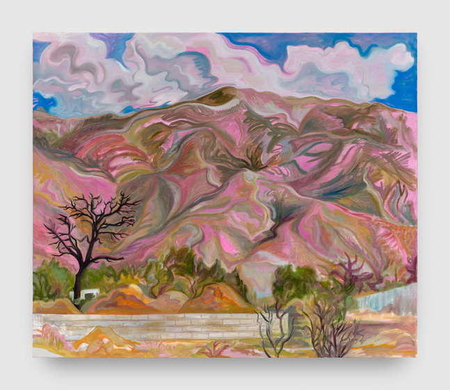 A painting by Mira Dancy of a pink mountain range under a blue sky with barren trees below.