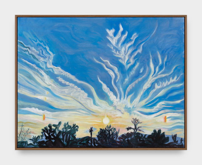 A painting by Mira Dancy of thin white clouds spreading across a blue sky with a glowing sun and barren trees below.