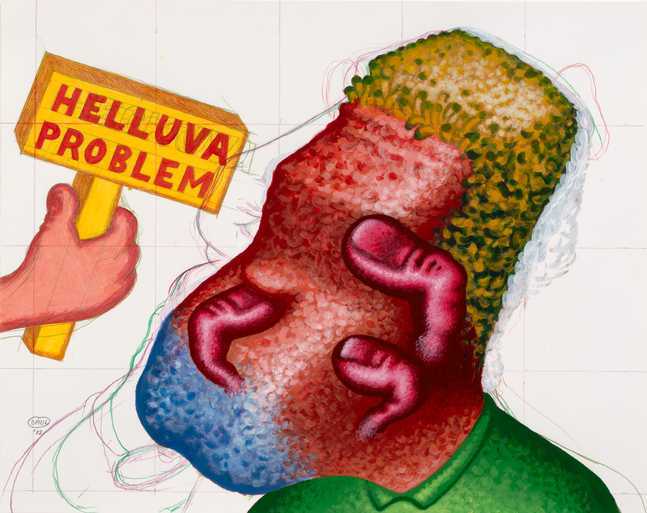 Peter Saul

&amp;quot;Helluva Problem&amp;quot;, 2012

Acrylic, colored pencil on paper

23 x 29 1/4 inches

58.5 x 74 cm

SAUZ 3/00