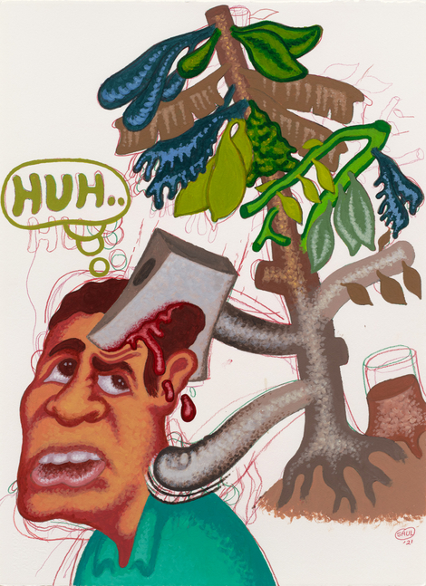 Peter Saul
&amp;ldquo;Tree Is Angry&amp;rdquo;, 2021
Acrylic, colored pencil on paper
30 x 22&amp;nbsp;inches
76 x 56 cm
SAUZ 2021/003