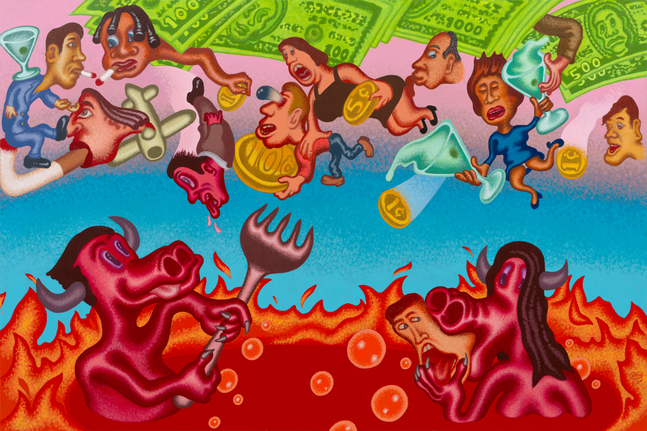 Peter Saul
&amp;ldquo;Heaven and Hell&amp;rdquo;, 2024

Acrylic on canvas

60 x 90 inches

152.5 x 228.5 cm

SAU 2024/001