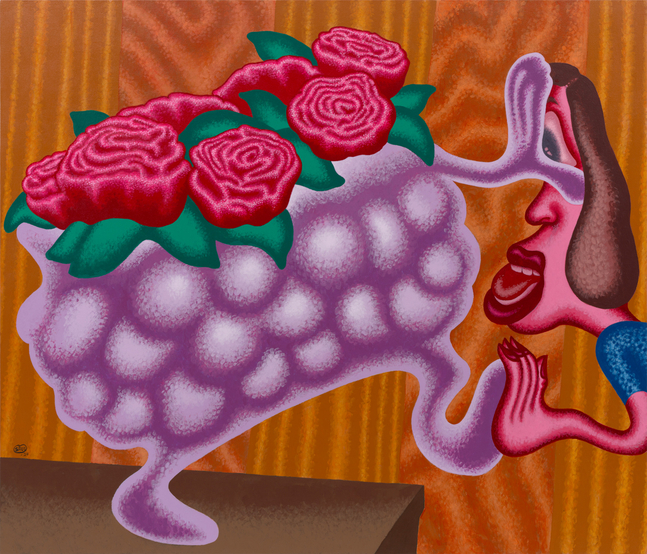 Peter Saul

&amp;ldquo;Argument with a Bowl of Flowers&amp;rdquo;, 2024

Acrylic on canvas

72 x 84 inches

183 x 213.5 cm

SAU 2024/004