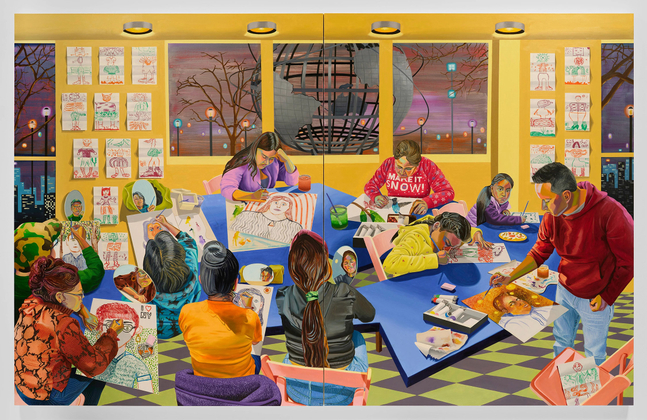 Aliza Nisenbaum
El Taller, Queens Museum, 2023
Oil on linen, diptych
95 x 75 inches each (241.3 x 190.5 cm)
Overall: 95 x 150 inches (241.3 x 381 cm)