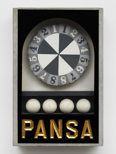 John Willenbecher

Unknown Game #3, 1963

Objects, a wooden roulette-type wheel, and four painted spheres encased in a wood and hand painted glass shadowbox&amp;nbsp;

27 1/2 x 18 x 4 inches