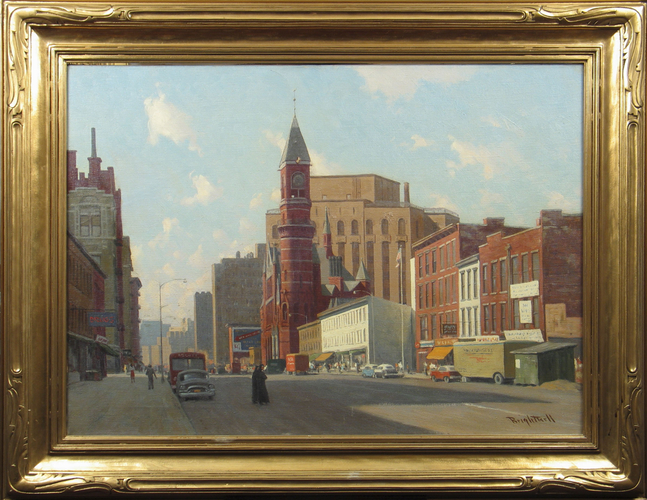 Walter Brightwell (1919–2005). Looking Down 6th Avenue Toward the Jefferson Market Building, 1939. Oil on board, 20 x 25 in. Signed lower right: Brightwell