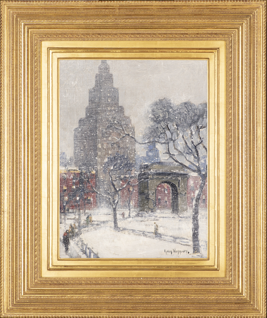 Guy Carlton Wiggins (1883–1962), Washington Square, Winter, New York, 1934, oil on canvas board, 16 x 12 in., signed lower right: Guy Wiggins, signed, dated, inscribed on verso: Washington Sq. Winter New York / Guy Wiggins / 1934 (framed)