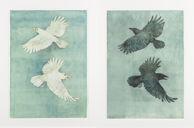 John Alexander  Albino Crows and Crows in a Fog, 2012  pair of monotypes from steel and aluminum plates with hand-coloring  paper: 36 x 25 1/2 inches  frame: 43 x 32 inches  both signed bottom right front  Print Studio: Pace Prints  $30,000