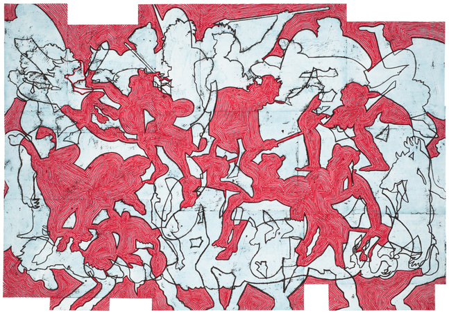 Bo Joseph  Beneficiaries of Destruction, 2020 oil pastel, acrylic and tempera on joined paper paper: 55 3/8 x 80 1/4 inches signed, titled and dated on reverse (BoJ-113) $25,000