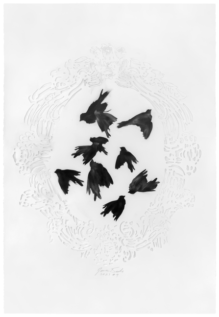 James Drake Black Sparrows #4, 2023 charcoal on hand-cut paper paper: 44 x 30 inches frame: 48 3/4 x 34 7/8 x 1 1/2 inches