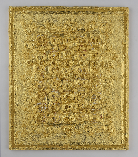 Keiko Moriuchi  Donut Peach, 2024  acrylic paint, 24k gold leaf, glass beads  28 3/5 × 23 4/5 inches