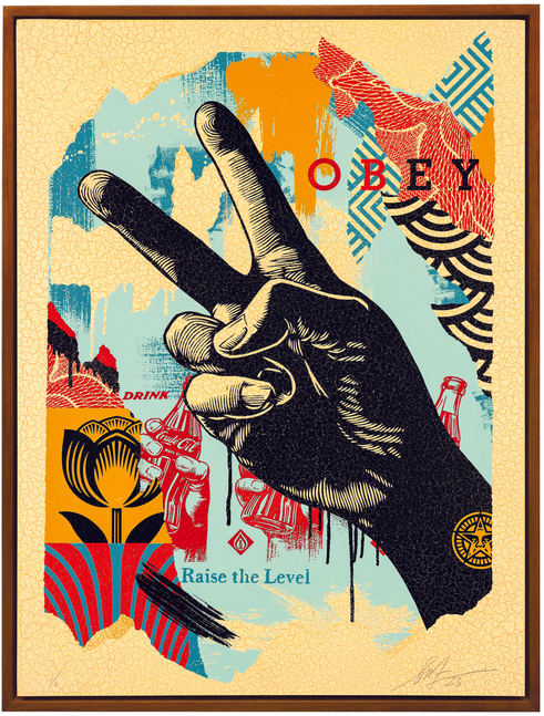 Shepard Fairey Radical Peace Collage (Raise the Level (Peace)), 2023 silkscreen on wood panel panel: 18 x 24 inches frame: 19 1/2 x 25 1/2 inches
