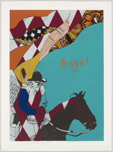 Yinka Shonibare Cowboy Angel I (From Cowboy Angels Portfolio), 2017 woodcut with fabric collage on Sumerset Tub Sized Satin 410gsm paper 37.2 x 27.56 inches (94.5 x 70 centimeters) Edition 14 of 20