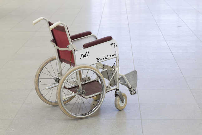 mariana castillo deball
null problemo, 2014
reproduction of a wheelchair with an inscription
variable dimensions

&amp;nbsp;