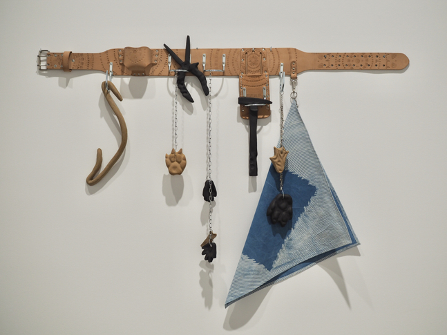 mariana castillo deball
cinturones herramientas, 2026
leather, metal, ceramic, aluminum wire, black and golden clay
82 &amp;times; 132 &amp;times; 6 cm (32.28 &amp;times; 51.97 &amp;times; 2.36 in)


&amp;nbsp;
