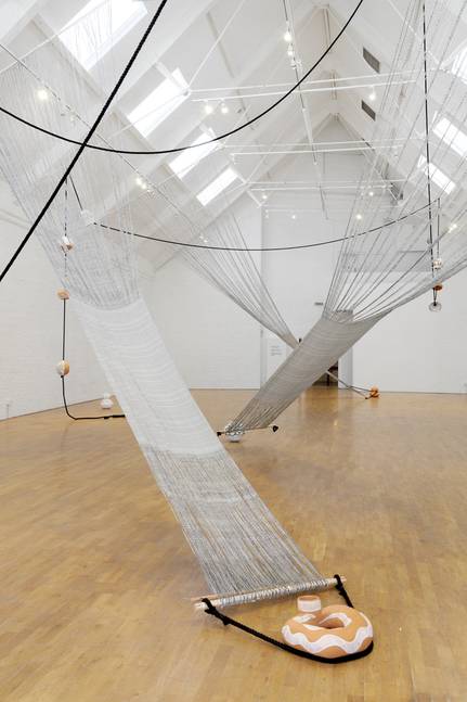 mariana castillo deball
all around 11, 2020
one ceramic vessel made of red stoneware painted with engobe slip, hand woven textile dyed with an ikat pattern and displayed with backstrap looms produced in the state of michoac&amp;aacute;n, mexico by ukata
​​​​​​​variable dimensions


&amp;nbsp;
