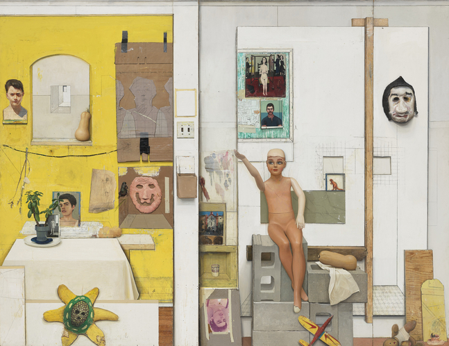 Gregory Gillespie Studio Wall (Still Life with Self-Portrait), 1976, oil, printed paper collage, pencil and Magna on wood, in four parts, 96 x 124 inches