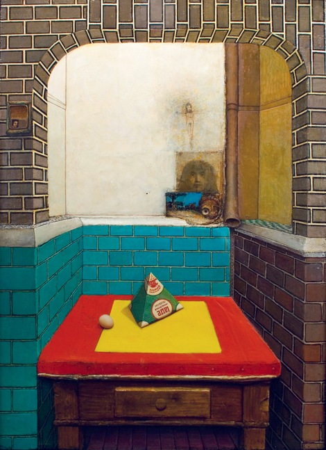 Roman Interior Kitchen (Still Life with Milk Carton), 1967-69 oil on panel 63 x 45 1/2 inches