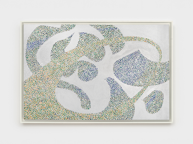 Macrocosm-Microcosm of the Free Fall, 1969
Acrylic, oil and metallic paint on canvas
47 x 71 1/2 inches (119.4 x 181.6 cm)