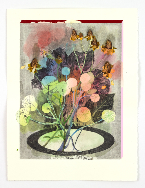 Nasturtiums and coreopsis, before the iguanas ate what was left, 2023

Watercolor, monoprint, flowers, gouache on paper

11&amp;quot; x 15&amp;quot;