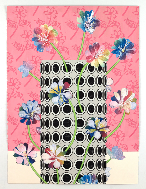 Megastructure for delicate rarities, 2025

Gouache, block print, monoprint, colored pencil on paper 22h x 30w in