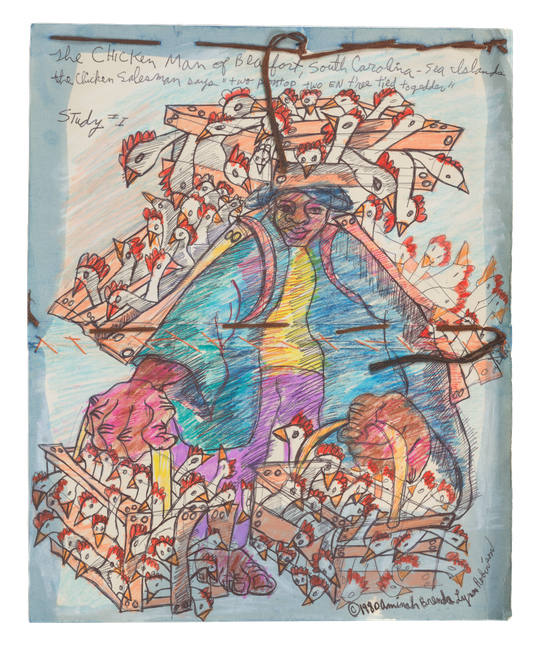 Aminah Brenda Lynn Robinson
The Chicken Man of Beaufort, South Carolina, 1980
Ink, pastel, and thread, on paper
11.25 x 9.25 in