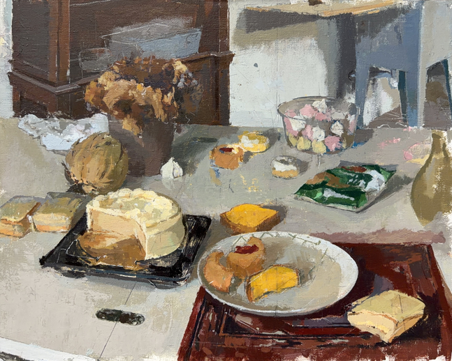 Yellow Cake Still Life with Flowers  16" x 20"  Oil On Linen Mounted On Panel