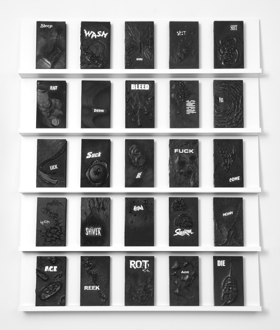 Candice Breitz
I don&amp;rsquo;t know where I am, or who I am, or what I&amp;rsquo;m doing!&amp;nbsp;1941-2020
Excerpted from the &amp;#39;Digest Archive&amp;#39;
25-Channel video installation:
5 shelves, 25 videotapes in polypropylene sleeves,
paper and acrylic paint

Shelves: 24.4 x 100 x 7.5 cm / 48.2 x 39.3 x 3 in.

Tapes: 20.3 x 12 x 2.7 cm / 8 x 4.7 x 1 in.

Unique

Enquire