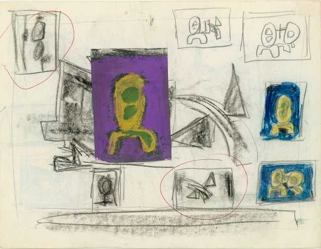 Untitled, C-10 OB, c.1970s
Preliminary Drawing
Ball Point Ink, Graphite, Crayon, Pastel and Gouache with Collage
H: 8.5 x W: 11 inches

(SG-158-D)