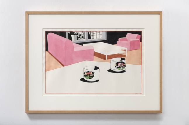 Ken Price (1935-2012) Untitled (Interior with 2 cups with house), 1990     watercolor, ink, and pencil on paper 15 5/8 x 23 3/4 inches;  39.7 x 60.3 centimeters LSFA# 15508