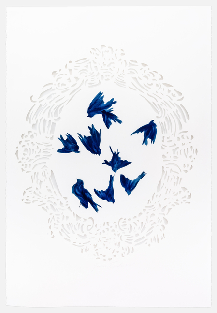 James Drake Blue Sparrows, 2025 charcoal on hand-cut paper 44" x 30" JD 417