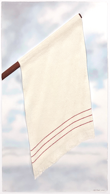 Sonya Clark
Confederate, Surrender, 2022
Mixografia print on handmade paper
43.75 x 23.25 x 0.75 in. (111.13 x&amp;nbsp;59.06 x&amp;nbsp;1.91 cm)
Edition of 30
Clar-1114-C
&amp;nbsp;

Sonya Clark&amp;rsquo;s Confederate, Surrender centers on a seemingly quotidian object imbued with monumental historical weight: a white tea towel with red pin stripes, originally woven in Richmond, Virginia. The work examines the history of the Confederate Flag of Truce raised by General Robert E. Lee&amp;rsquo;s army at Appomattox (April 9, 1865).1 Fashioned from a simple kitchen dish towel, the Truce Flag signaled the collapse of soldiers fighting to preserve the institution of slavery.


By reconstructing this object in print, Clark disrupts the visual dominance of the Confederate battle flag&amp;mdash;a symbol inextricably linked to the violent defense of Black enslavement and its persistent legacy of racism. Instead, she redirects attention to the modest textile that signaled the Confederacy&amp;rsquo;s surrender&amp;mdash;the quiet wave of a domestic object that initiated the formal conclusion of a war waged against Black freedom.


In an interview between Sonya Clark and Paul Farber, archived on the Monument Lab website, Clark recalls her experience as a Smithsonian Institution Artist Research Fellow in 2011. During that time, she visited the National Museum of American History, where a long line of visitors had gathered to view the Star-Spangled Banner. In another exhibit, she encountered Abraham Lincoln&amp;rsquo;s iconic top hat, displayed within an exhibition on American presidents. In the same display case, however, she noticed a small, folded textile labeled &amp;ldquo;Confederate Flag of Truce&amp;rdquo;&amp;mdash;a quiet but charged object placed alongside one of the nation&amp;#39;s most revered presidential artifacts.


&amp;ldquo;It wasn&amp;rsquo;t hidden, just largely unamplified,&amp;rdquo; said Clark. &amp;ldquo;It is not that it was undiscovered, but that it hasn&amp;rsquo;t lived in public memory the way other flags have&amp;rdquo;&amp;mdash; And so she sought to bring attention to that overlooked history.2 &amp;ldquo;I suspect most people know the Confederate flag but don&amp;rsquo;t know about the Confederate truce flag?&amp;rdquo; said Clark.&amp;nbsp;&amp;nbsp; &amp;ldquo;What would it mean if we had focused our attention on the surrender and all that it implied? Where might we be now?&amp;rdquo;3


[Note to reader: American historian, museum director, and public scholar Dr. Lonnie G. Bunch III curated the &amp;ldquo;Truce Flag&amp;rdquo; into the aforementioned exhibition before later serving as the founding director of the National Museum of African American History and Culture and, subsequently, as Secretary of the Smithsonian Institution.]


As an intimate domestic textile, a dish towel is typically handled, folded, and worn through repetitive labor. In this dimensional print&amp;mdash;rendered to emphasize the truce flag&amp;rsquo;s specific weave structure&amp;mdash;Sonya Clark elevates a once-utilitarian cloth into a charged historical artifact.


Clark characterizes her engagement with fraught national symbols as an &amp;ldquo;amplifying, educative intervention.&amp;rdquo;4 Rather than smoothing over tension, she preserves it through tactile processes that insist on material and historical presence. By reimagining the towel-turned-truce flag, Clark reframes surrender not as mutual reconciliation between equal parties, but as the necessary dismantling of a regime built upon racial violence.


Through this artistic gesture, Sonya Clark redirects national memory toward an object worthy of recognition, replacing Confederate iconography with a symbol of its collapse.


Clark states, &amp;ldquo;That&amp;#39;s the power of art. That&amp;#39;s one of the things I can do as an artist&amp;mdash;I can use my voice to amplify this historical object and other historical objects that changed our path.&amp;rdquo;5 &amp;ldquo;Amplify&amp;rdquo; is precisely what Clark accomplishes.


Confederate, Surrender centers our attention on the exact moment a system committed to enslavement was forced to yield. By foregrounding the truce flag, Clark surfaces a history that has been muted or overlooked. In doing so, Confederate, Surrender honors not only the end of the Confederacy, but also the profoundly unfinished struggle for justice that followed emancipation&amp;mdash;and that continues today.


-Writing by Amy Raehse unless otherwise noted.
&amp;nbsp;

Footnote
[1] Rubenstein, Harry, R., &amp;ldquo;The Gentleman&amp;rsquo;s Agreement that Ended the Civil War,&amp;rdquo; What It Means to Be American, April 3, 2015
[2] Sonya Clark and Paul Farber, Monument Lab Podcast, Episode12, March 2019. https://monumentlab.com/podcast/in-pursuit-of-the-confederate-truce-flag-with-artist-sonya-clark
[3] Sonya Clark, describing her Monument Lab Podcast interview via email, 2026
[4] Sonya Clark, describing her engagement with charged historical textiles as &amp;ldquo;an act of care,&amp;rdquo; in phone conversation, 2025
[5] Sonya Clark, describing in email, 2026
&amp;nbsp;

This work was produced at the Mixografia print atelier. For three generations, the Remba family has shaped the field of printmaking and is recognized for developing and refining their innovative three-dimensional printing technique over more than 50 years. For the past 25 years, Goya Contemporary has worked alongside our print colleagues at Mixografia. As fellow members of the IFPDA&amp;mdash;including service on its Board of Directors&amp;mdash;we share a commitment to the highest standards of care, ethics, and connoisseurship in printmaking, as well as a mutual dedication to creating space for artistic vision. We are proud to represent these extraordinary prints, the histories they illuminate, and the spirit of collaboration they embody between artist, atelier, and gallery.