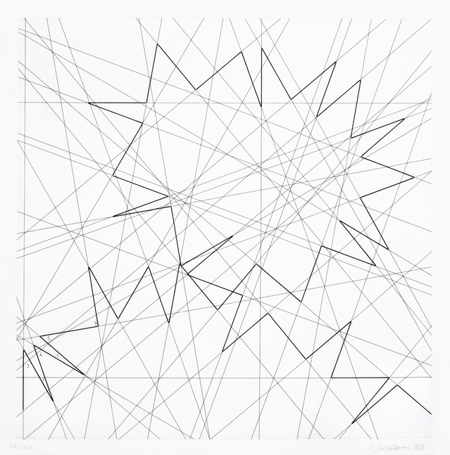 Pi piquant, 1999
Etching
Paper: 23.5 x 23.4 inches
Frame: 28.5 x 28.5 inches
Edition 14 of 40
More-1001-O