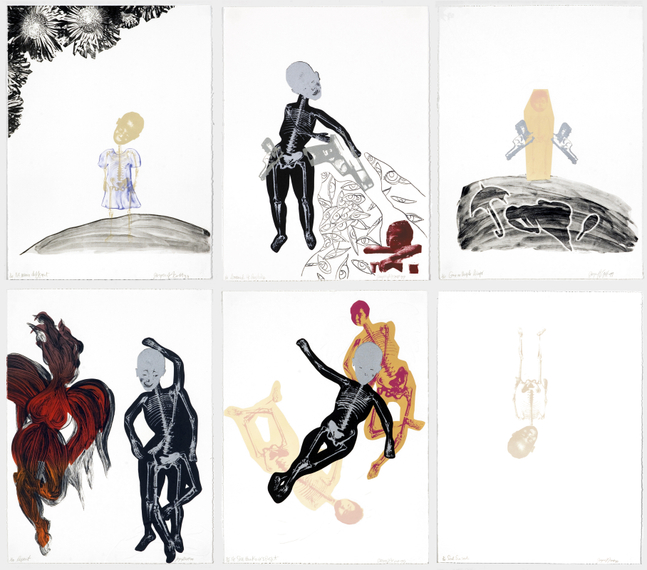 Joyce J. Scott​​​​​​​
Soul Erased, 1999
Lithograph, screen print, embossing on Rives BFK
30 x&amp;nbsp;22 in.&amp;nbsp;(76.2 x 55.9 cm) each
Edition of 20
Published by Goya Contemporary/Goya-Girl Press
SCO-0070-CO