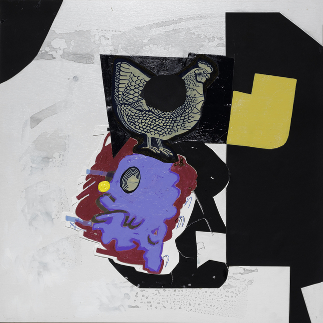 Hen on Head, 2024&amp;nbsp;
Digital print, acrylic, fabric, collage on board
24 x 24 in. (61 x 61 cm)
Smai-1624-C