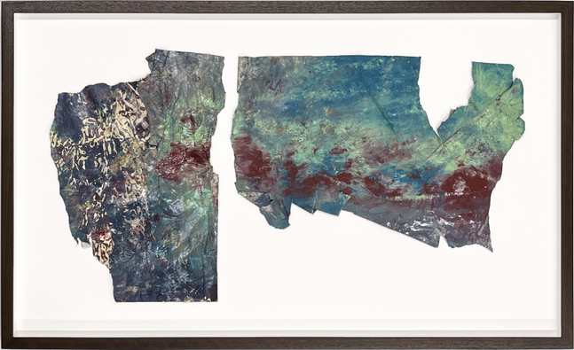 Sam Gilliam&amp;nbsp;
Study III Blue Nile, 1972
Mixed media on paper
Left object: 14.63 x 10.25 in. (36.91 x 26.04 cm)
Right object: 11.88 x 17.63 in. (30.18 x 44.78 cm)
Frame: 20 x 33.25 in. ( 50.8 x 84.46 cm)
Gill-1003-O