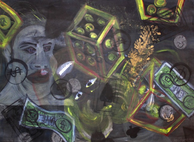 Joyce J. Scott&amp;nbsp;
Runs in the Family, 1999&amp;nbsp;
Monotype with handwork on Somerset Velvet paper
29 1/2 x 39 1/2 in. (74.93 x 100.33 cm)
Published &amp;amp; Printed by Goya Contemporary / Goya-Girl Press
SCO-0094-CO