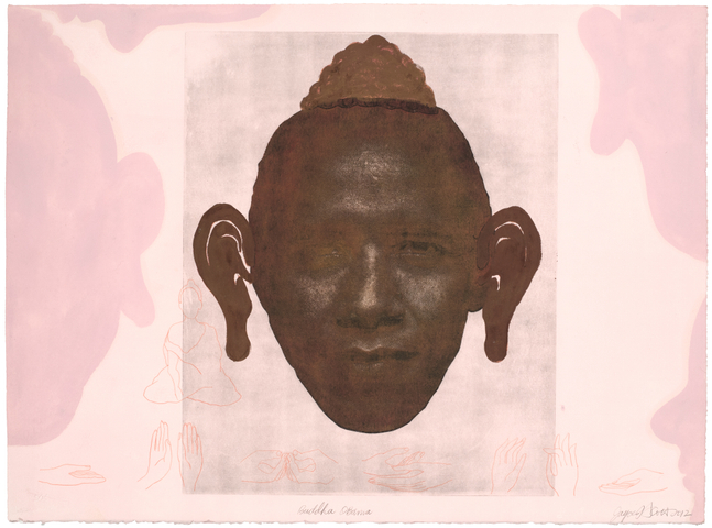 Joyce J. Scott&amp;nbsp;
Buddha Obama, 2012&amp;nbsp;
Monoprint from the Obama Series on Rives BFK paper
Paper: 22 x 30 in. (55.9 x 76.2 cm)
Frame: 25.75 x 33.5 in. ( 65.4 x 85.09 cm)
Scot-1026-C