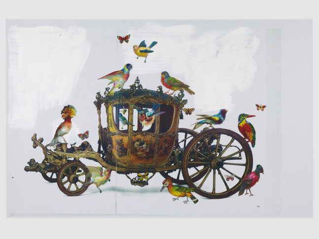 getting ready for the trip, Birdland

2025

Collage with adhesive stickers on color xerox

28 x 43 cm / 11 x 17 in

&amp;copy; Karen Kilimnik