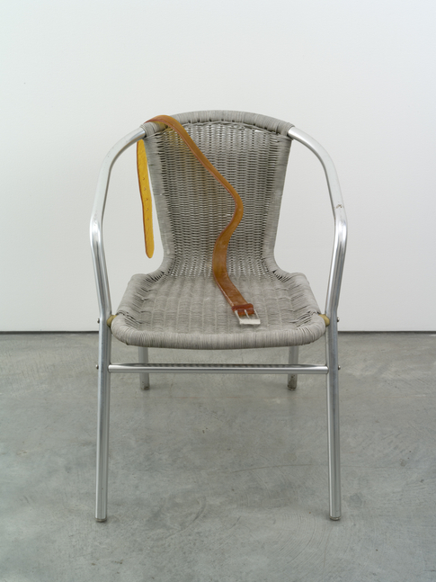 Belt on braided chair

2014

Plastic, Metal, paint

73 x 49.5 x 56 cm / 28 3/4 x 19 1/2 x 22 in

&amp;copy; Valentin Carron