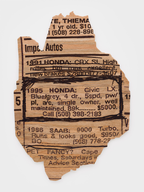 Erin M. Riley
High Miles but Runs Good, 2025
wool, cotton
69 1/2 x 48 ins.
176.5 x 121.9 cm